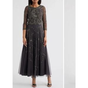 NWT Pisarro Nights Beaded Sequin Mesh Gown with Matching Jacket - Grey (Size 10)